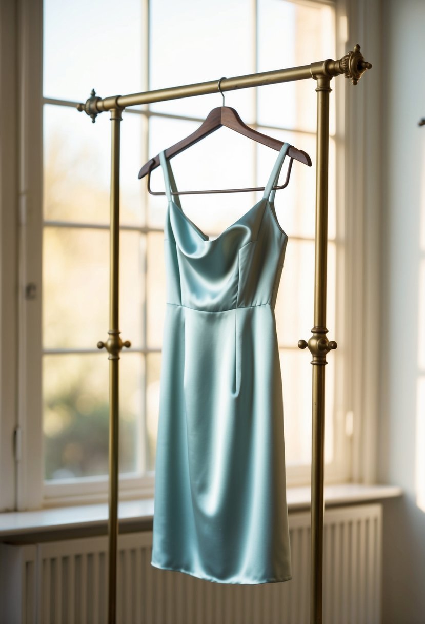 A delicate satin slip dress hangs on a vintage brass clothing rack, bathed in soft, natural light from a nearby window