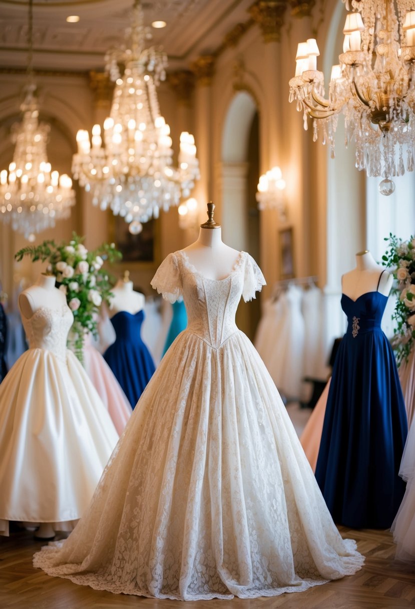 A grand ballroom with chandeliers and ornate decor. A mannequin displays a vintage lace ballgown from the 1800s, surrounded by wedding dress ideas