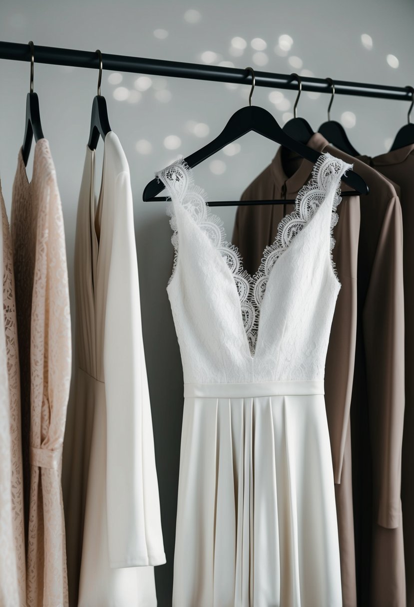 A lace-trimmed minimalist gown hanging on a sleek, modern clothing rack