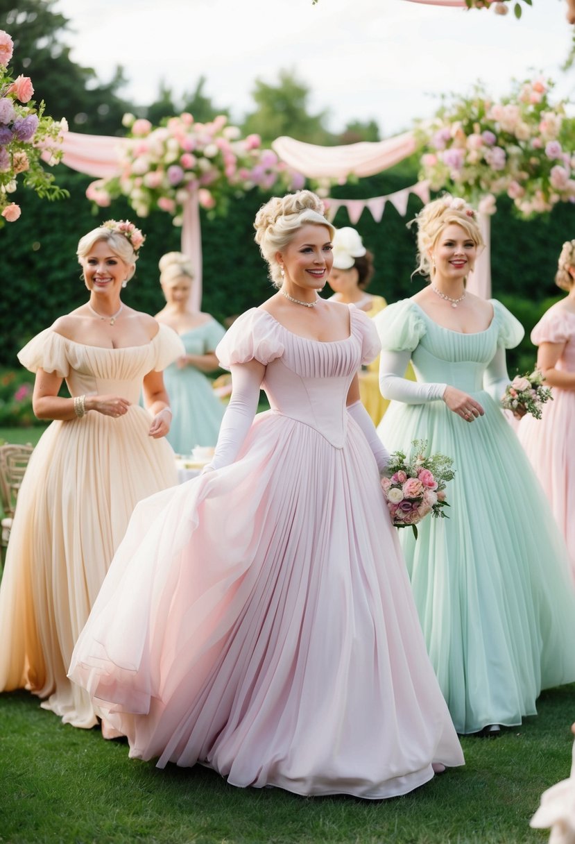 A garden party with women in flowing, pastel-colored 1800s gowns, surrounded by blooming flowers and whimsical decor