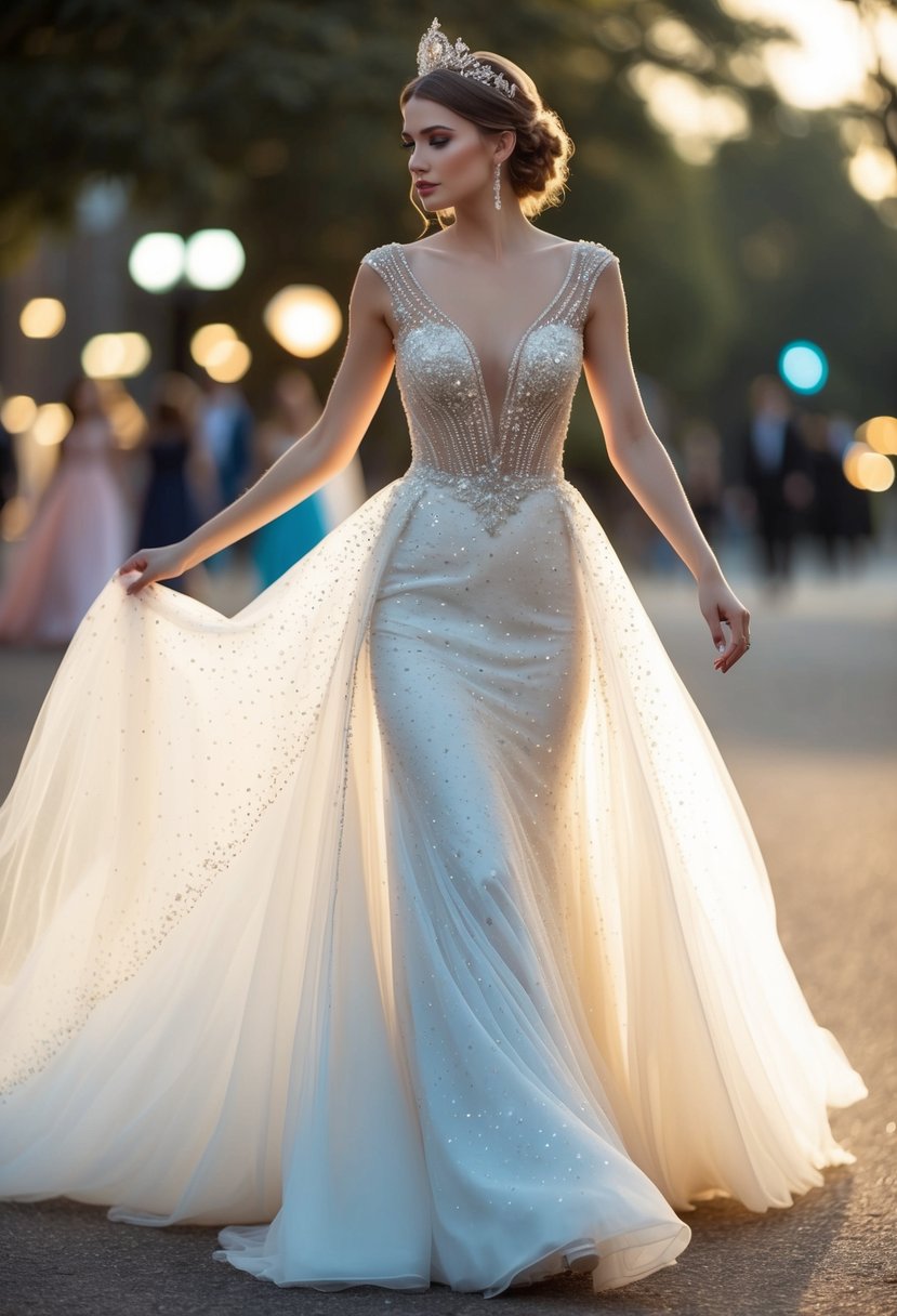 A flowing, ethereal wedding dress adorned with sparkling details, fit for a fantasy princess