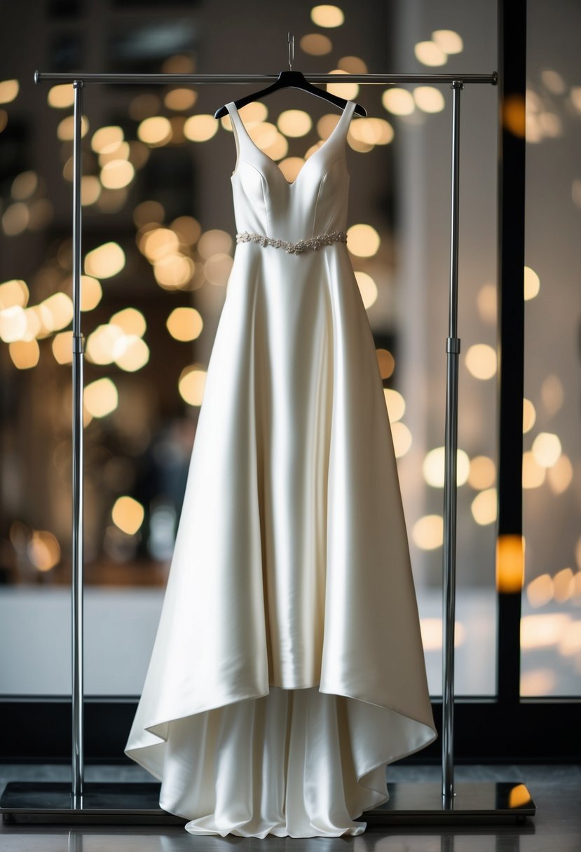 A flowing silk A-line bridal dress hangs on a sleek mannequin