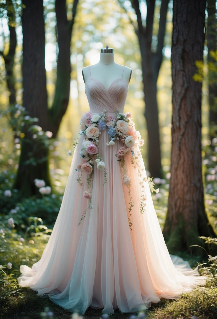 A flowing gown adorned with delicate, pastel flowers, surrounded by a whimsical forest setting with dappled sunlight filtering through the trees