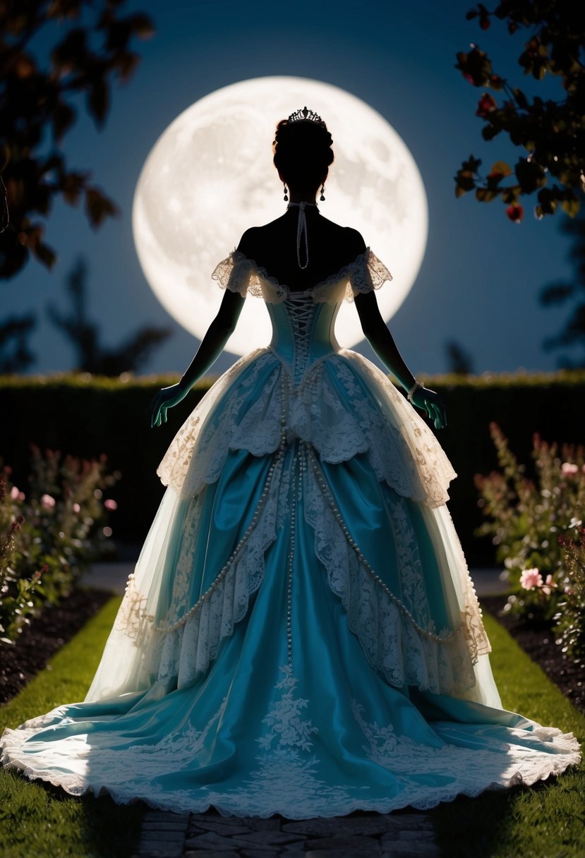 A mermaid silhouette in an elaborate 1800s gown, adorned with lace and pearls, standing in a moonlit garden