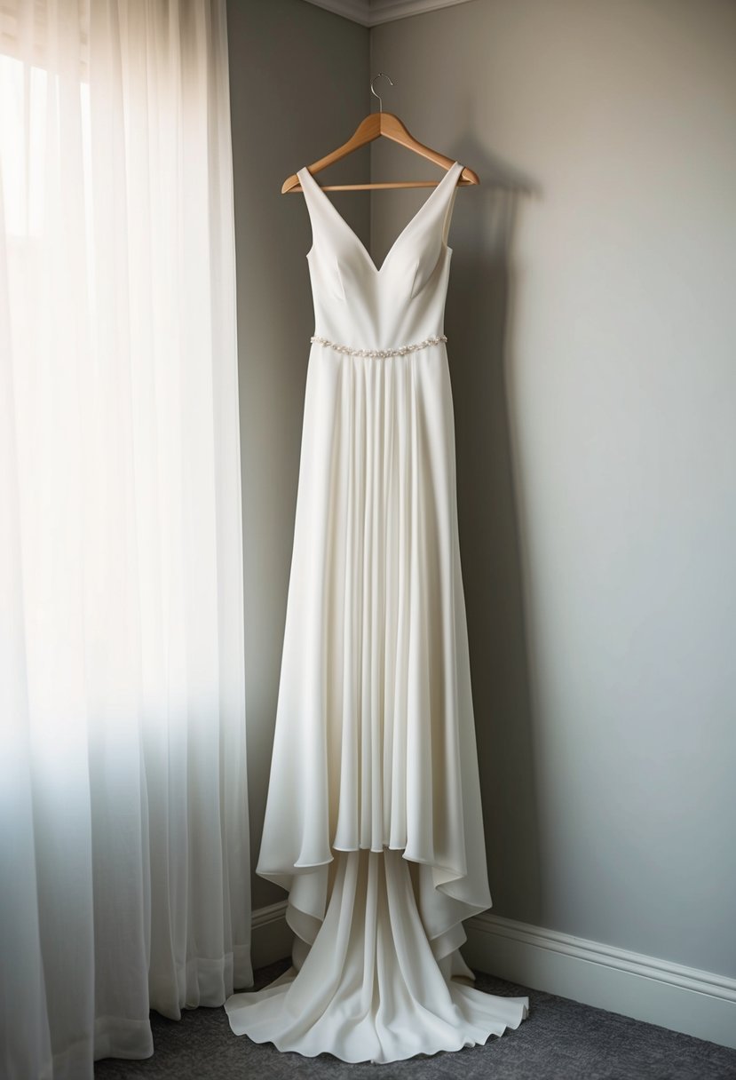 A flowing crepe column wedding dress draped over a hanger, with soft lighting casting a gentle glow on its simple and elegant design