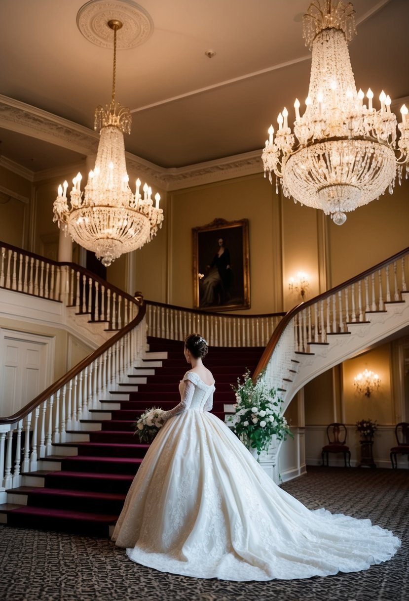 Elegant ballroom with 1800s gowns, chandeliers, and grand staircase