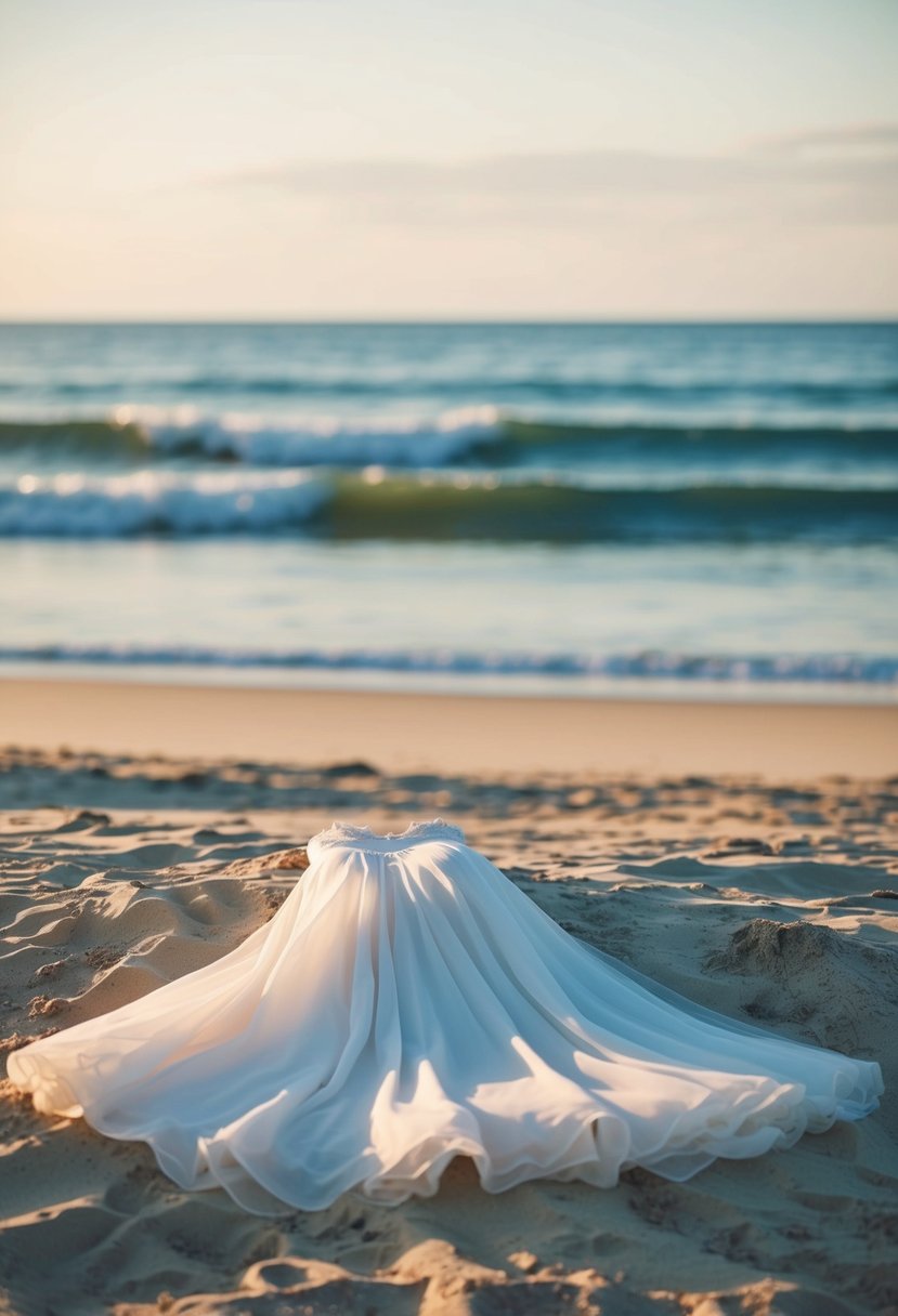 A flowing chiffon gown lays gracefully in the sand, with the backdrop of a serene beach and gentle waves