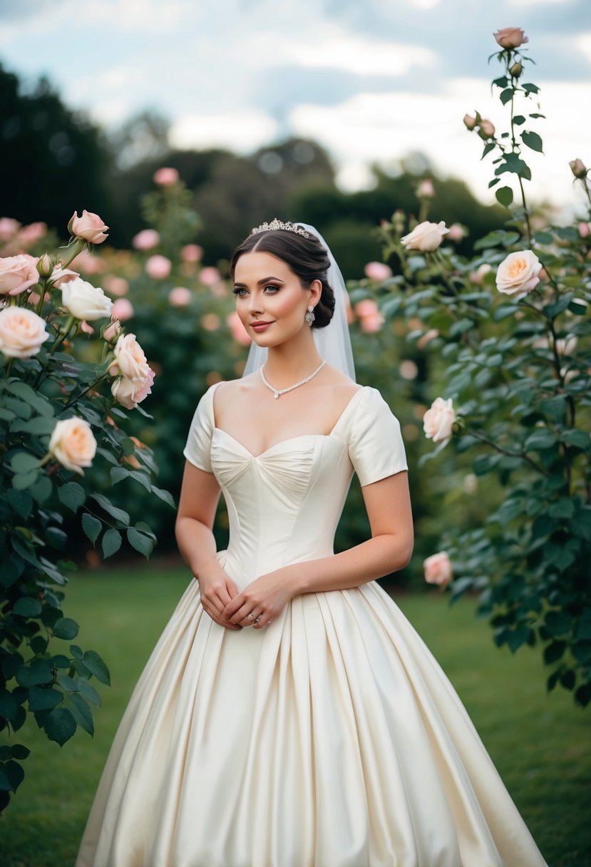 A bride in a 1800s gown with a sweetheart neckline, surrounded by blooming roses in a garden