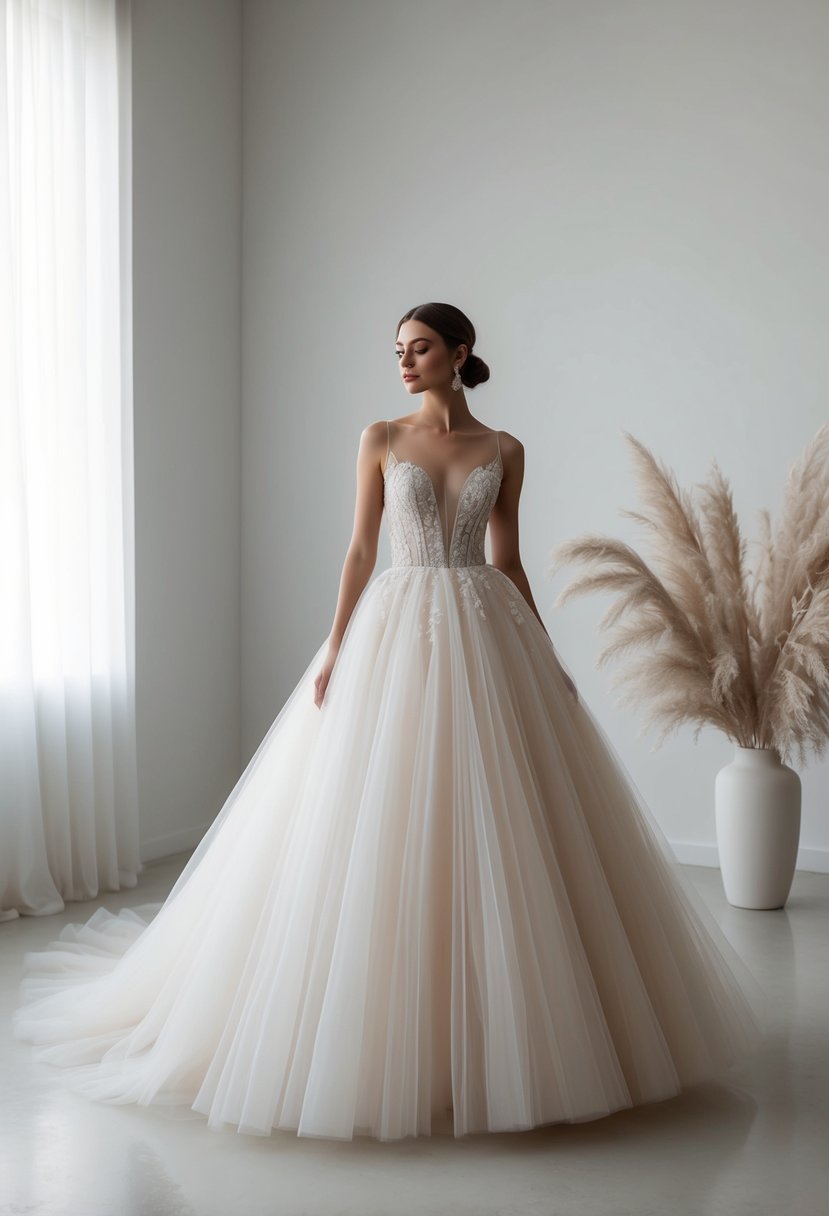 A flowing tulle ball gown in a minimalist, elegant setting with soft lighting and a serene atmosphere