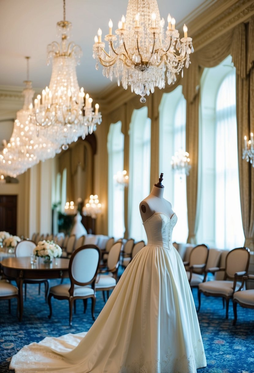 A grand ballroom with chandeliers, vintage furniture, and a mannequin adorned with an elegant drop-waist style 1800s wedding gown