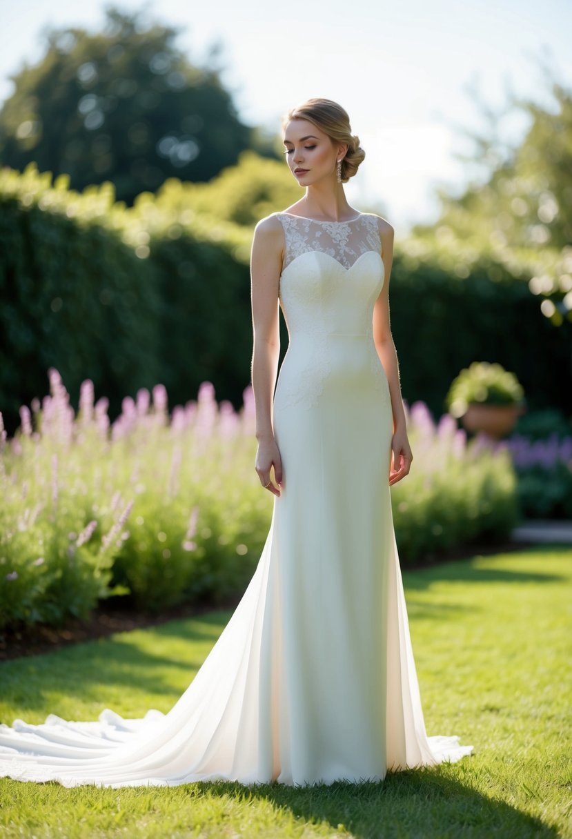 A serene bride stands in a sunlit garden wearing a simple, elegant sheath wedding dress, with delicate lace detailing and a flowing train