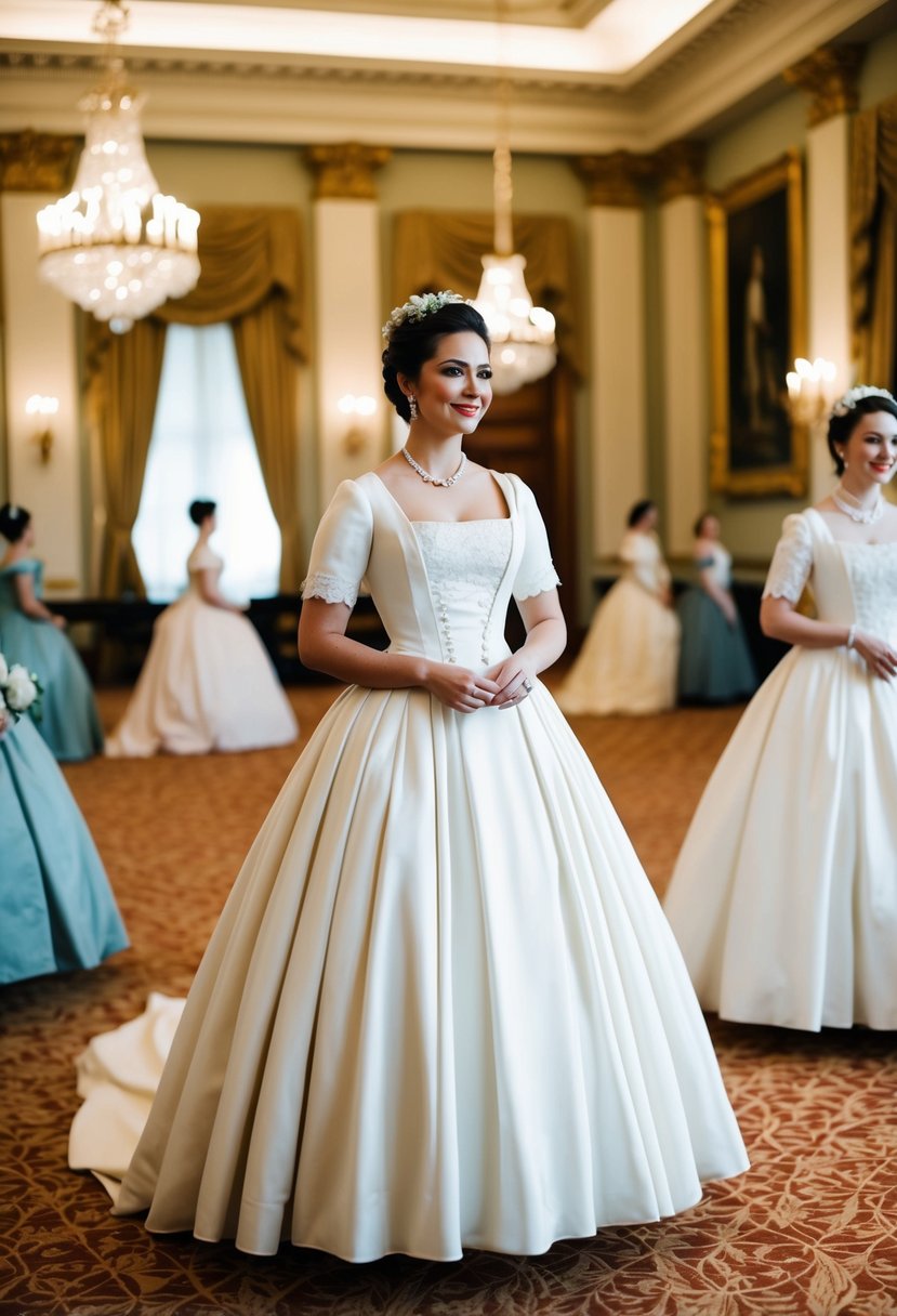 A grand ballroom with women in knee-length 1800s gowns, showcasing elegance and wedding dress ideas