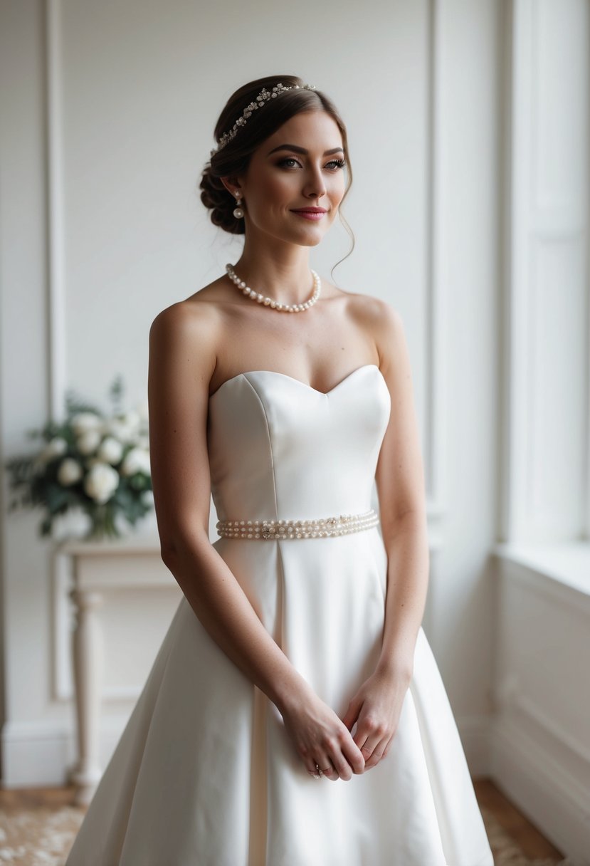 A bride stands in a simple, elegant wedding dress adorned with delicate pearl accents, exuding timeless beauty and sophistication