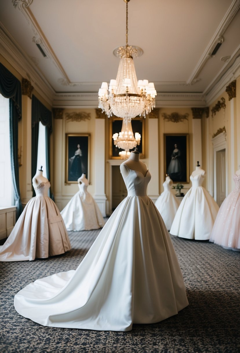 A grand ballroom with elegant 1800s gowns on mannequins, showcasing a sophisticated minimalist look for wedding dress ideas