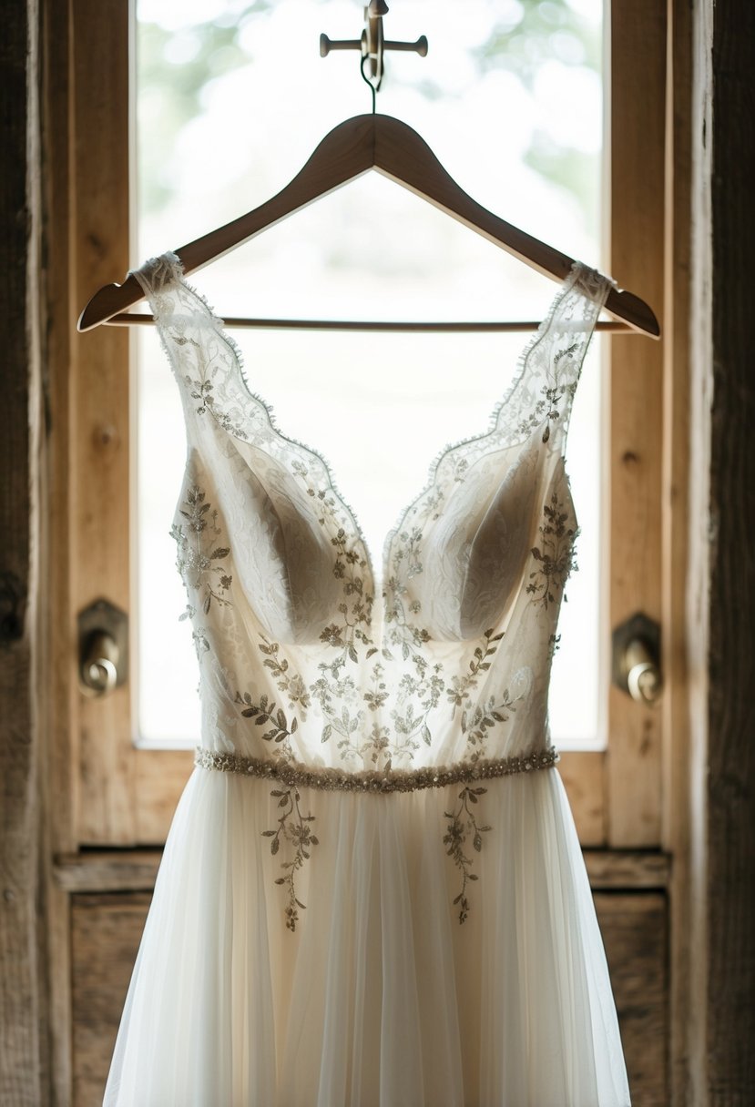 A vintage-inspired wedding dress hanging on a rustic wooden hanger, draped with delicate lace and adorned with subtle floral embellishments