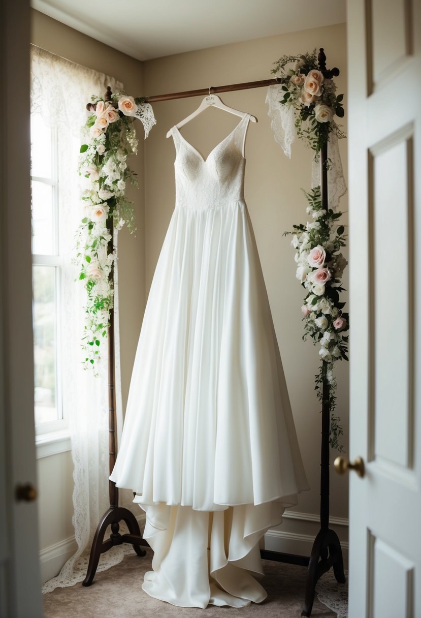 A flowing white gown hangs from a vintage coat rack in a sunlit room, surrounded by delicate lace and floral accents