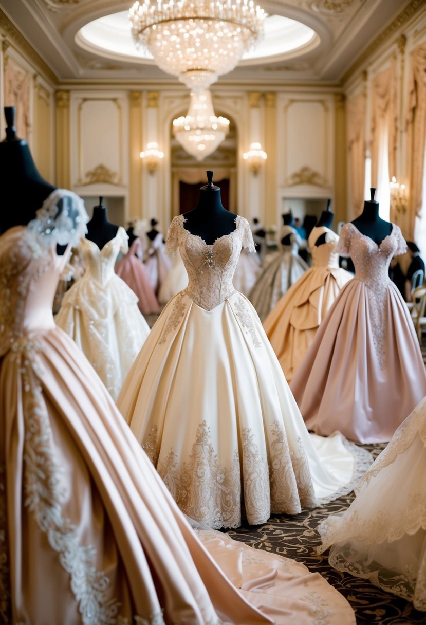 A grand ballroom filled with opulent 1800s gowns in shades of ivory, champagne, and blush. Intricate lace, flowing silks, and delicate beading adorn the dresses, exuding modern sophistication