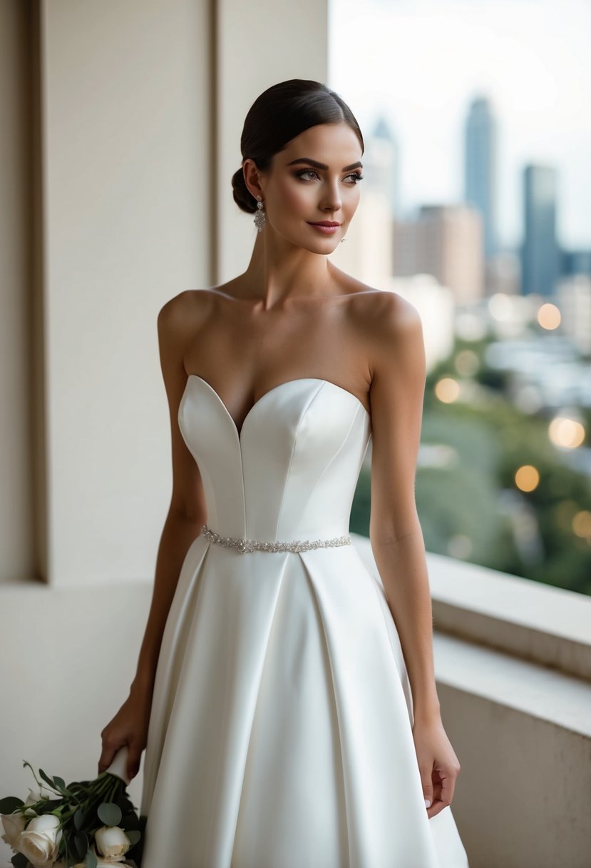 A strapless wedding dress with a sophisticated and elegant design, featuring clean lines and minimal embellishments