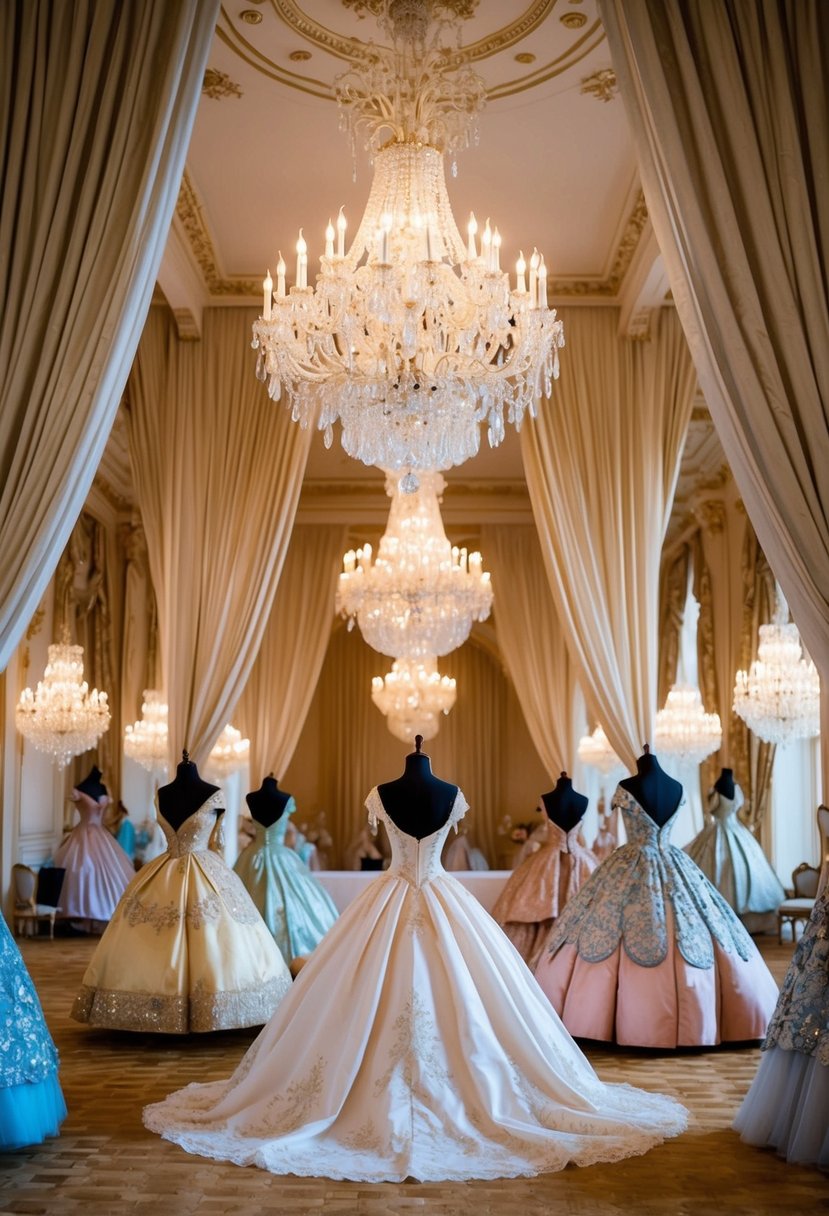 A grand ballroom with opulent chandeliers and cascading drapes, adorned with fairytale-inspired 1800s gowns in shimmering fabrics and intricate lace details