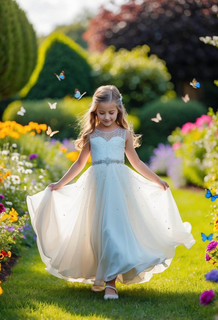 A young girl twirls in a garden, surrounded by colorful flowers and butterflies, wearing a flowing white wedding dress with delicate lace and sparkling details