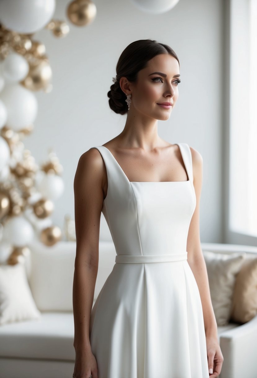 A bride stands in a minimalist, modern square neck wedding dress, surrounded by clean, elegant decor