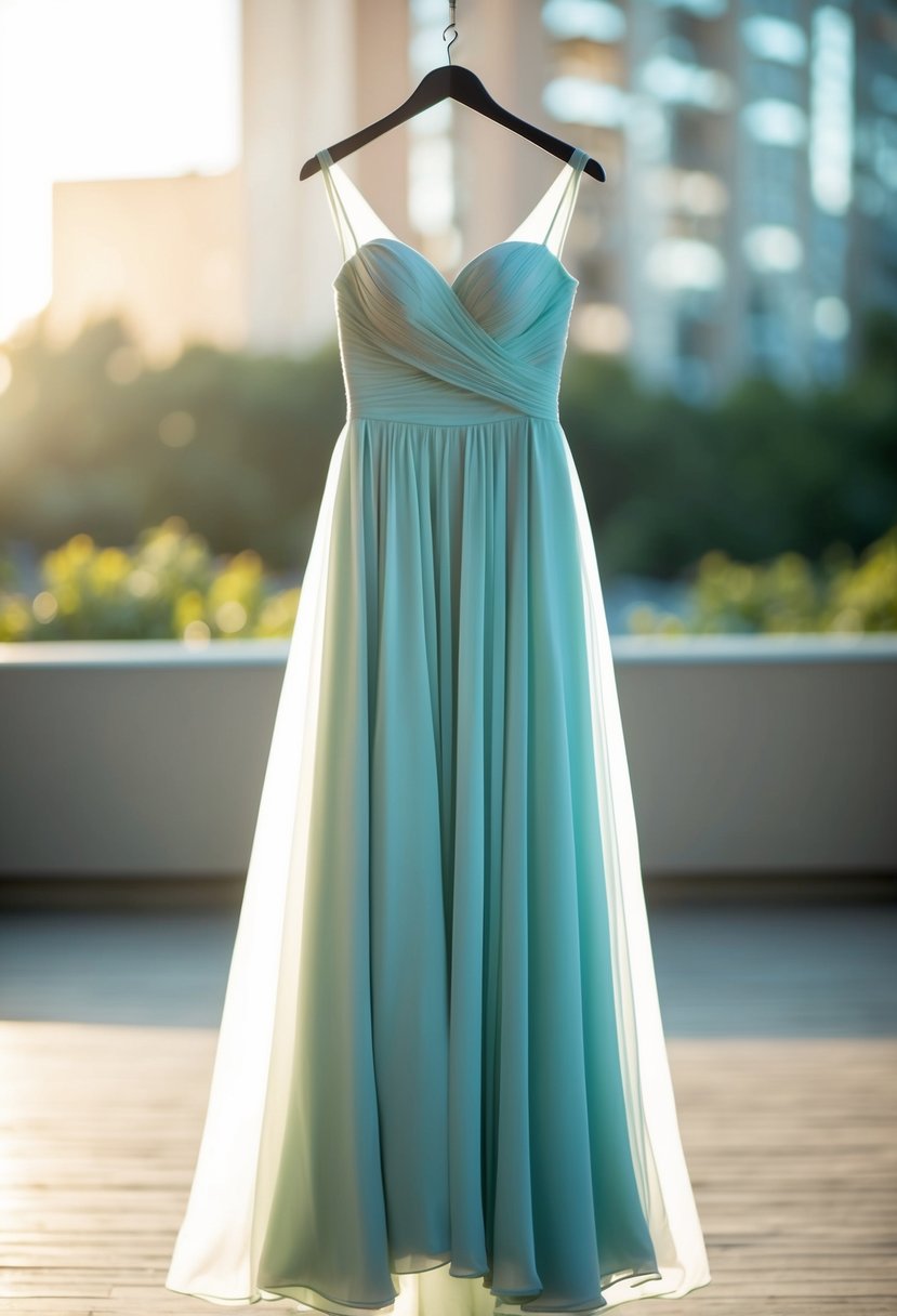 A flowy empire waist gown hangs from a sleek hanger, bathed in soft, natural light