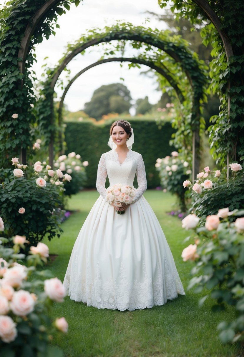 A bride in a lace-trimmed 1800s gown stands in a lush garden, surrounded by blooming roses and ivy-covered archways