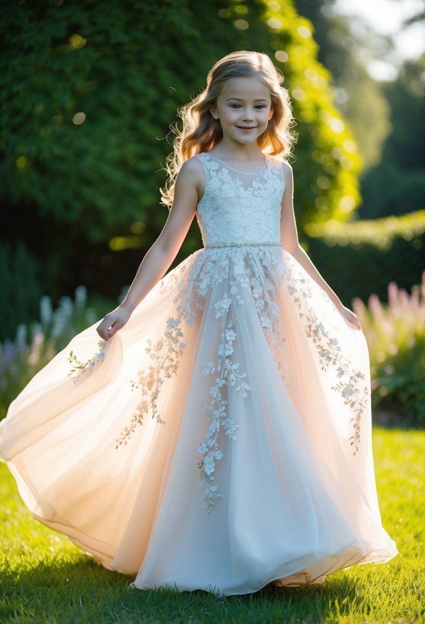 A young girl twirls in a garden, wearing a floor-length A-line gown adorned with delicate floral lace. Sunlight filters through the trees, casting a soft glow on the dress