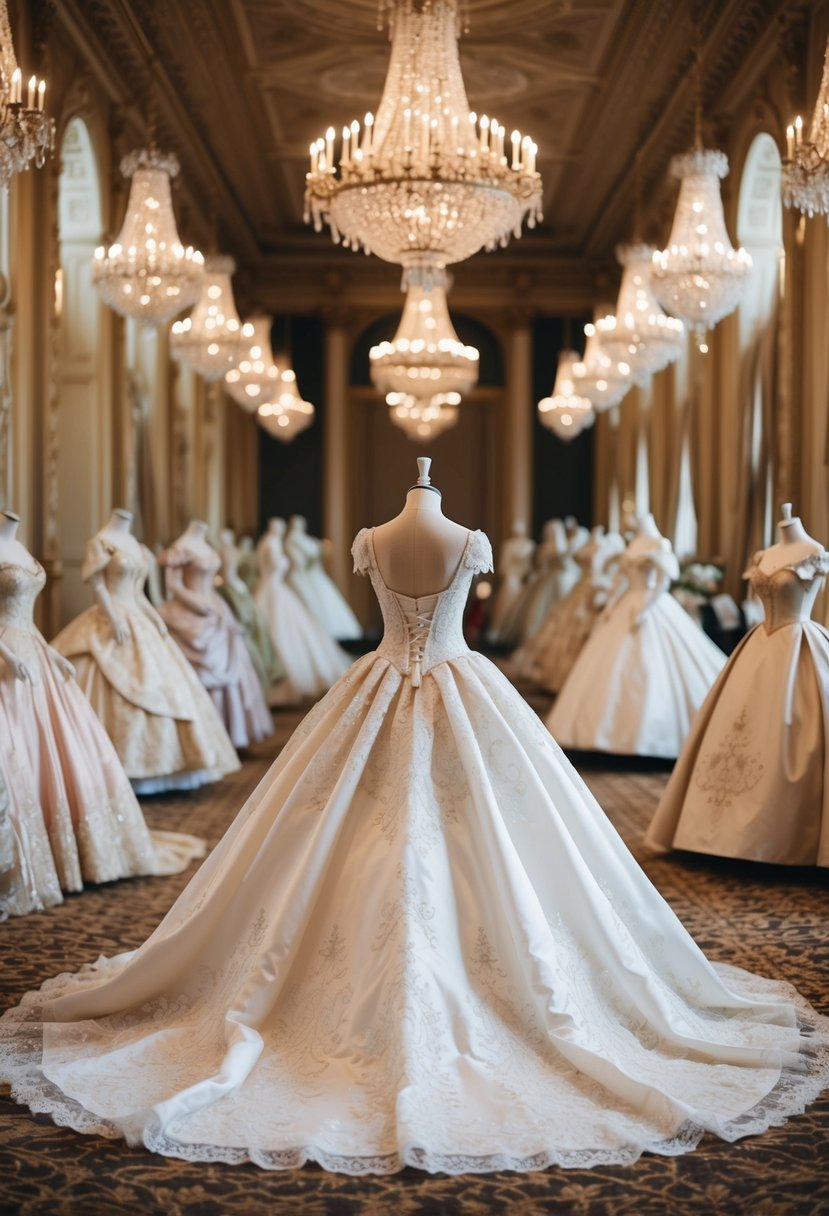 A grand ballroom filled with elegant 1800s bridal gowns on display, adorned with intricate lace, flowing silks, and delicate embroidery