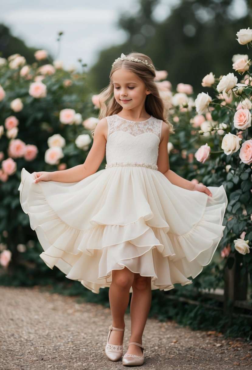 A 9-year-old girl twirls in an ivory chiffon ruffle dress, surrounded by blooming roses and delicate lace details