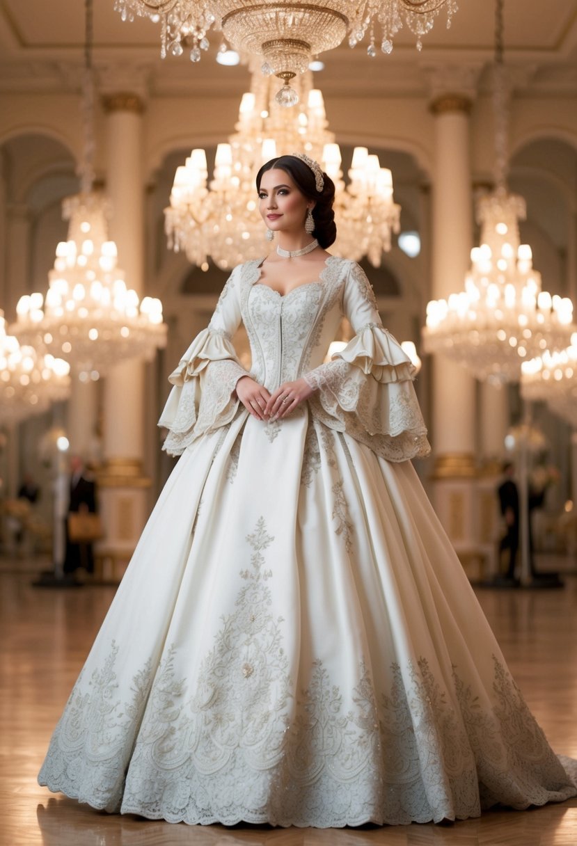 A woman wearing an elaborate bell-sleeve 1800s gown, adorned with lace and intricate embroidery, stands in a grand ballroom, surrounded by opulent chandeliers and ornate decor