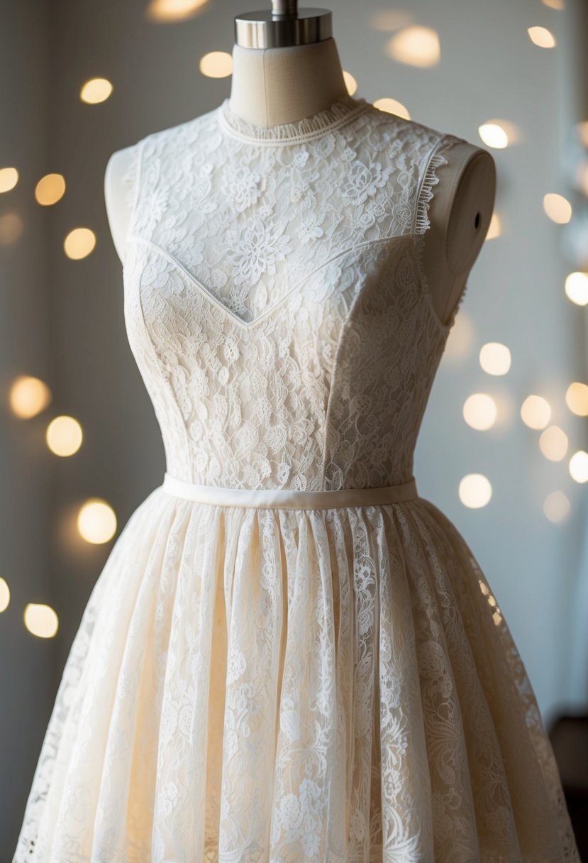 A delicate lace dress hangs on a mannequin, its high neckline and flowing skirt exuding simple elegance