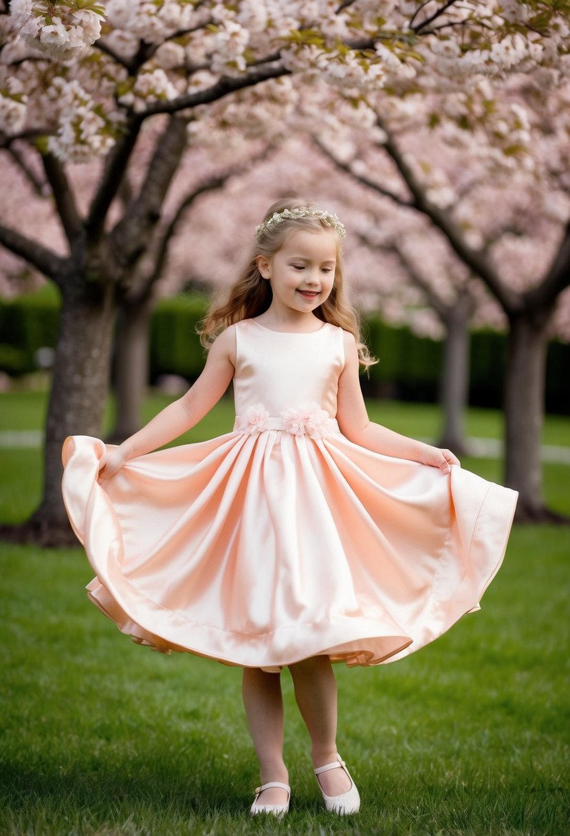 A young girl twirls in a peach blossom satin dress, surrounded by blooming cherry trees in a garden