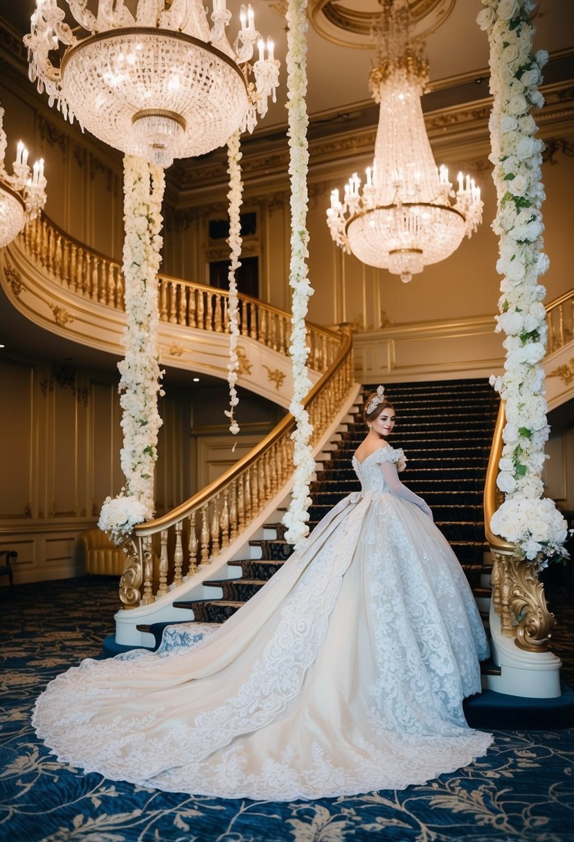 A grand ballroom with opulent chandeliers and a lavish staircase, adorned with cascading fabric and intricate lace details of a Cinderella-inspired 1800s gown