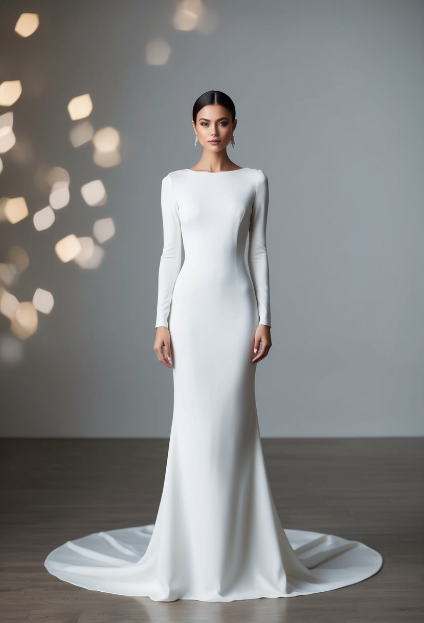 A sleek, floor-length gown in a minimalist style, with long sleeves and a simple, elegant silhouette