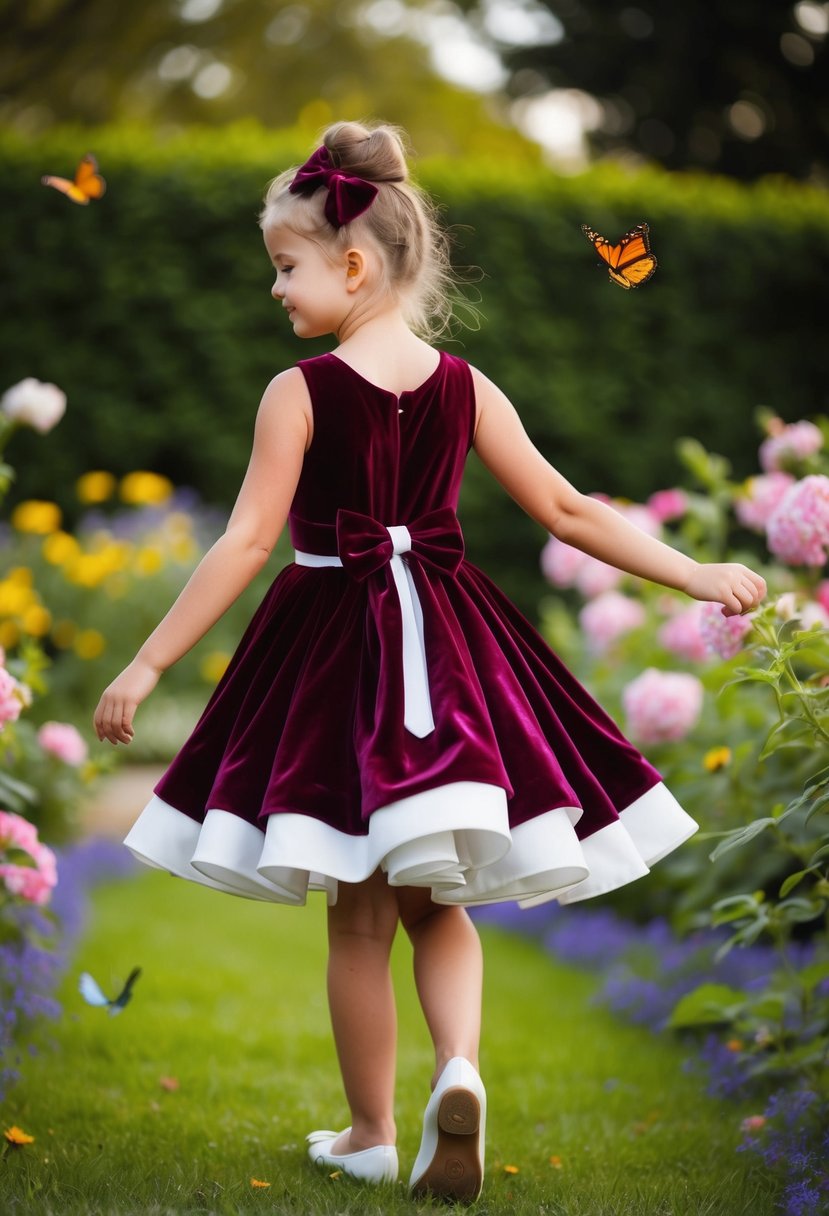 A 9-year-old girl in a velvet bow back dress twirls in a garden, surrounded by blooming flowers and butterflies