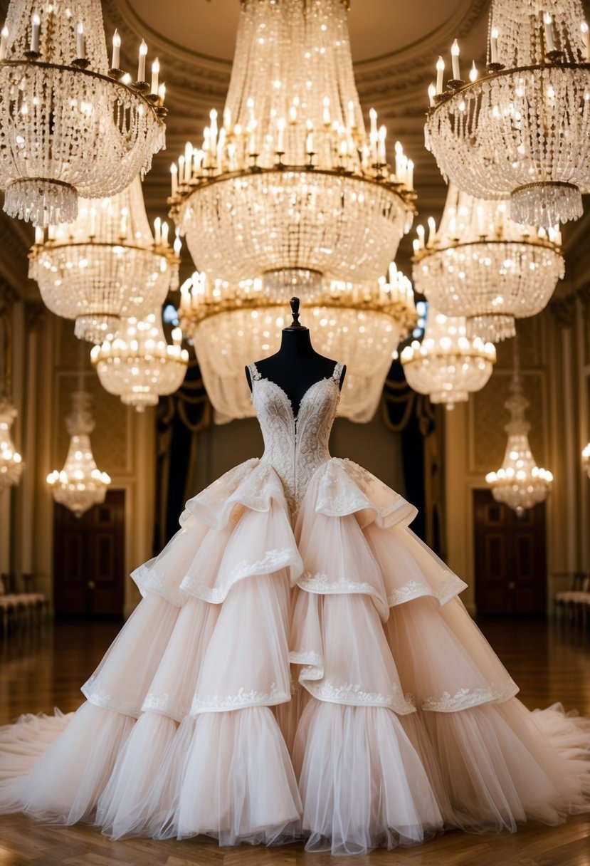 A grand ballroom with opulent chandeliers and cascading layers of tulle gowns from the 1800s, showcasing luxurious wedding dress ideas