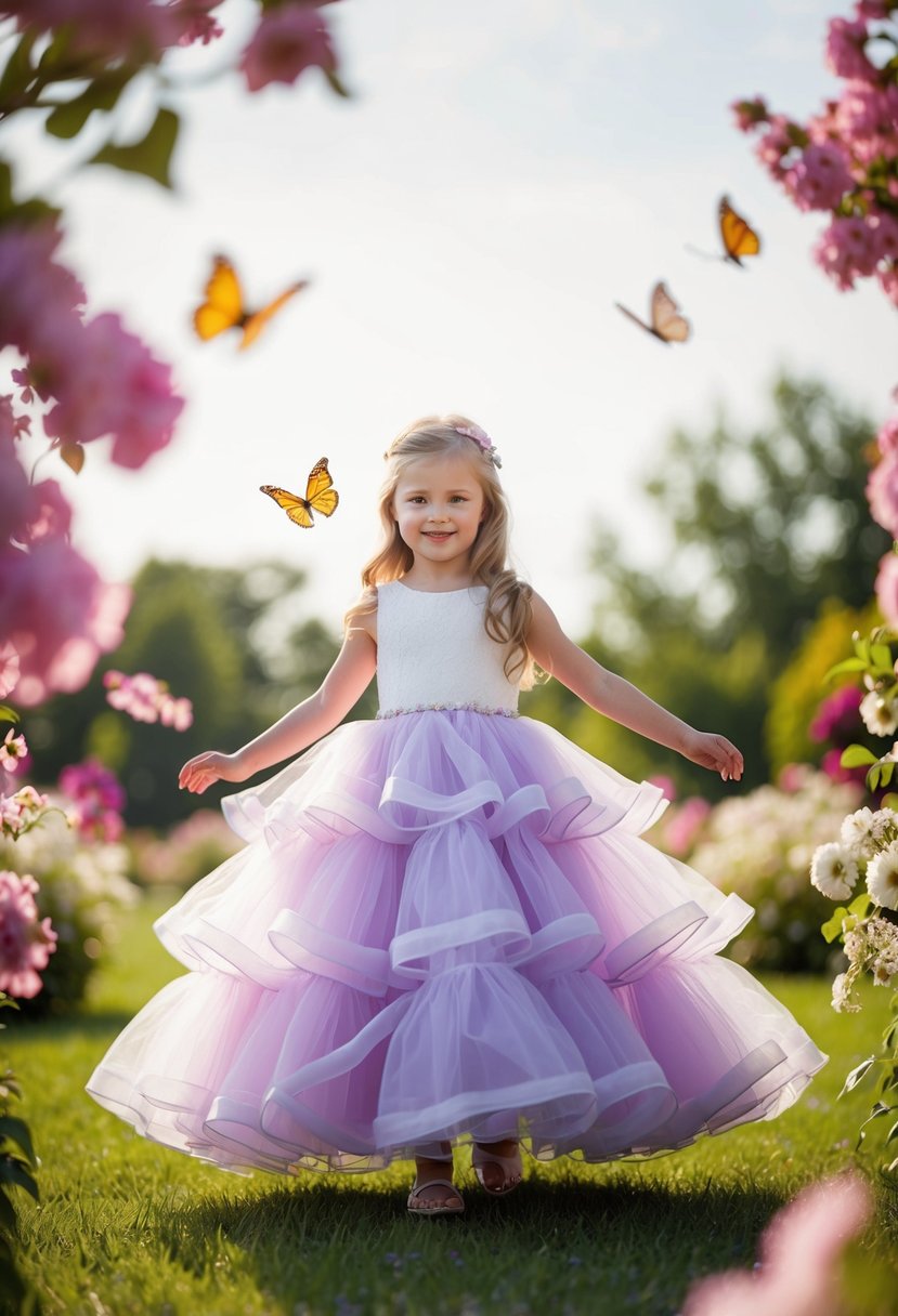 A young girl twirls in a tiered tulle ball gown, surrounded by blooming flowers and fluttering butterflies