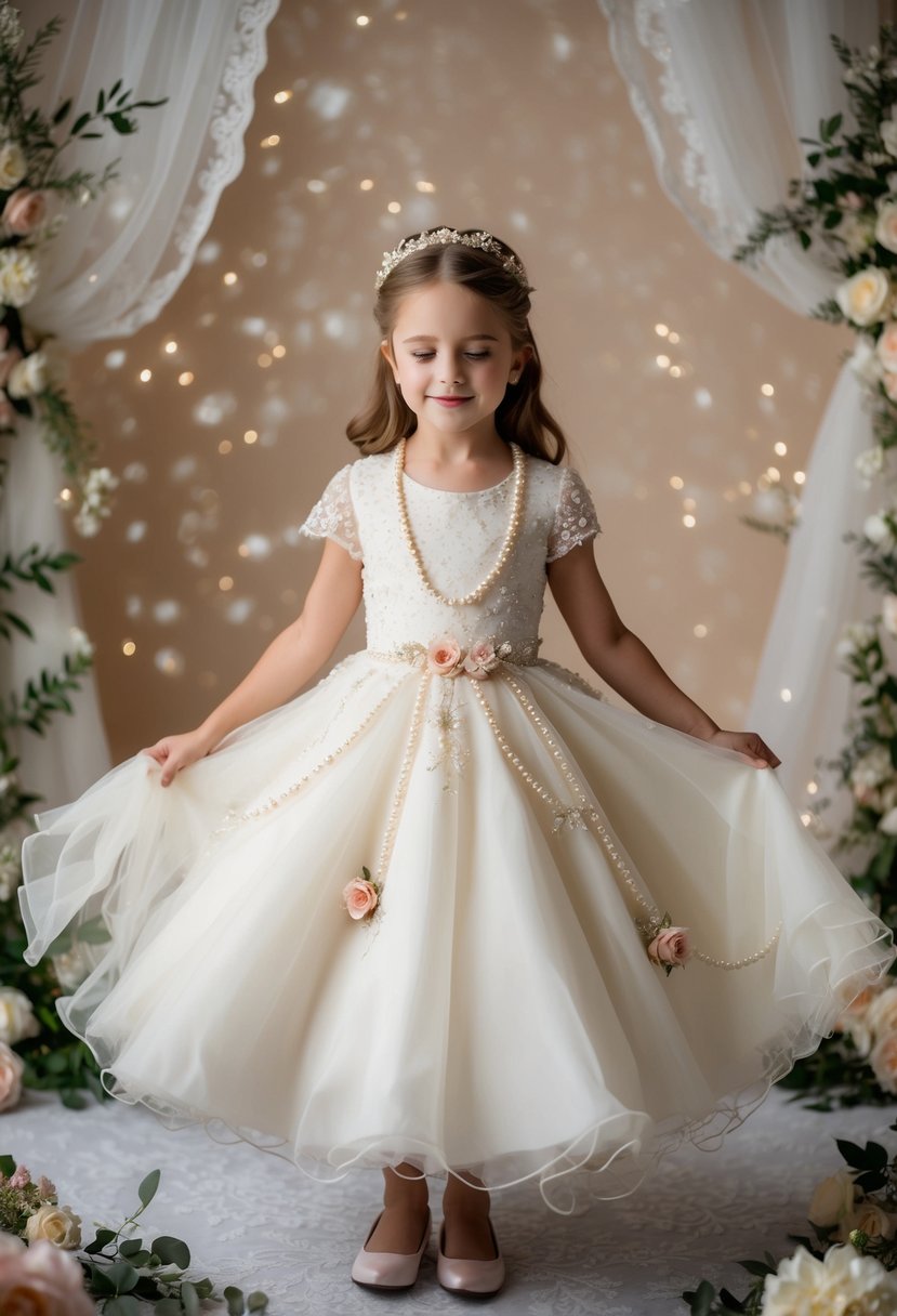 A 9-year-old girl twirls in a vintage pearl-embellished dress, surrounded by delicate lace and floral accents, dreaming of her perfect wedding day