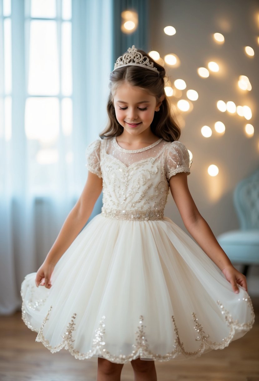 A 9-year-old girl twirls in a short-sleeved princess dress, adorned with delicate lace and shimmering sequins, imagining herself as a beautiful bride