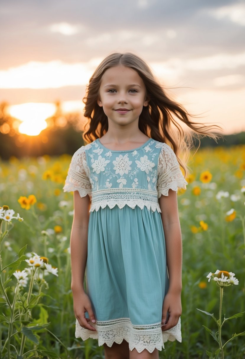 A 9-year-old girl stands in a field of wildflowers wearing a lace-trimmed boho dress, with the sun setting behind her and a gentle breeze blowing through her hair