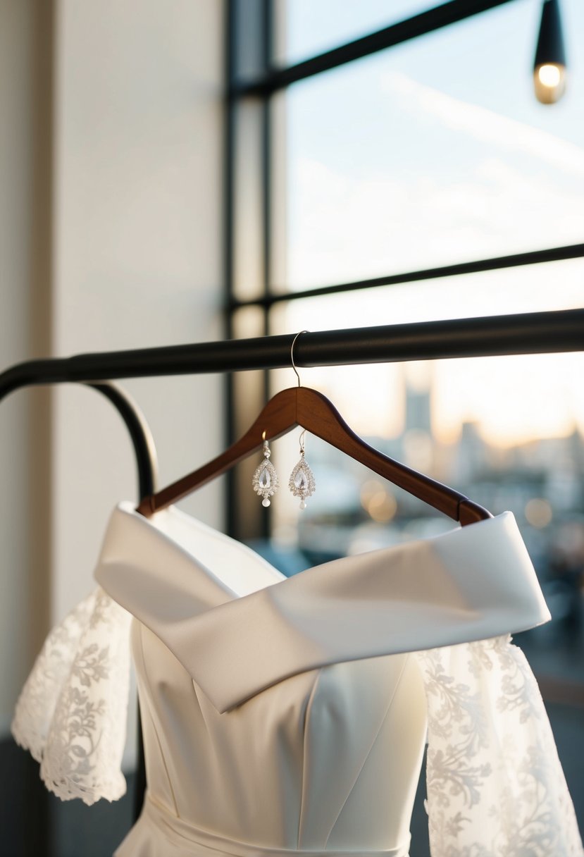 An off-the-shoulder wedding dress with elegant earrings hanging from a stand