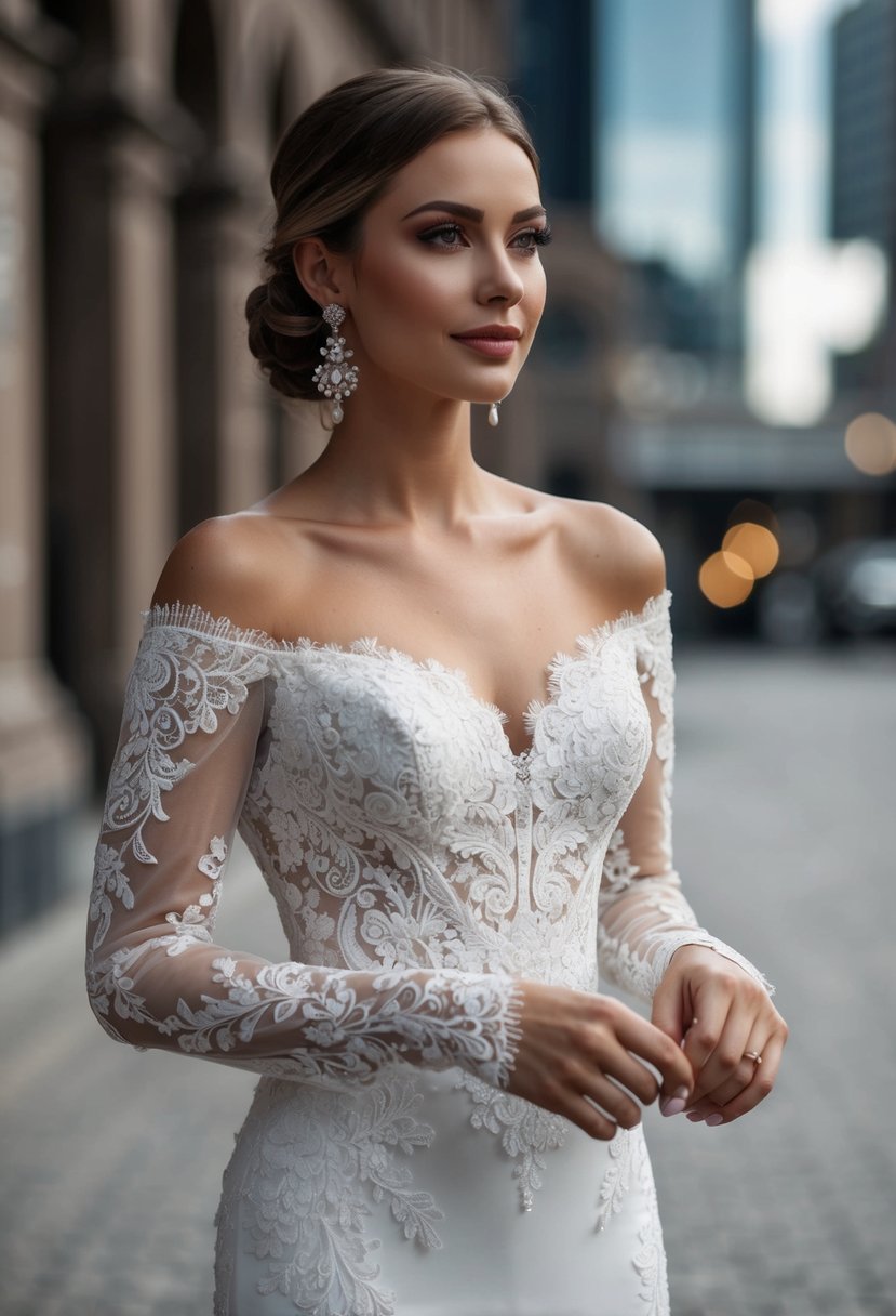 An off-the-shoulder wedding dress with intricate lace details, paired with elegant drop earrings, exuding timeless sophistication