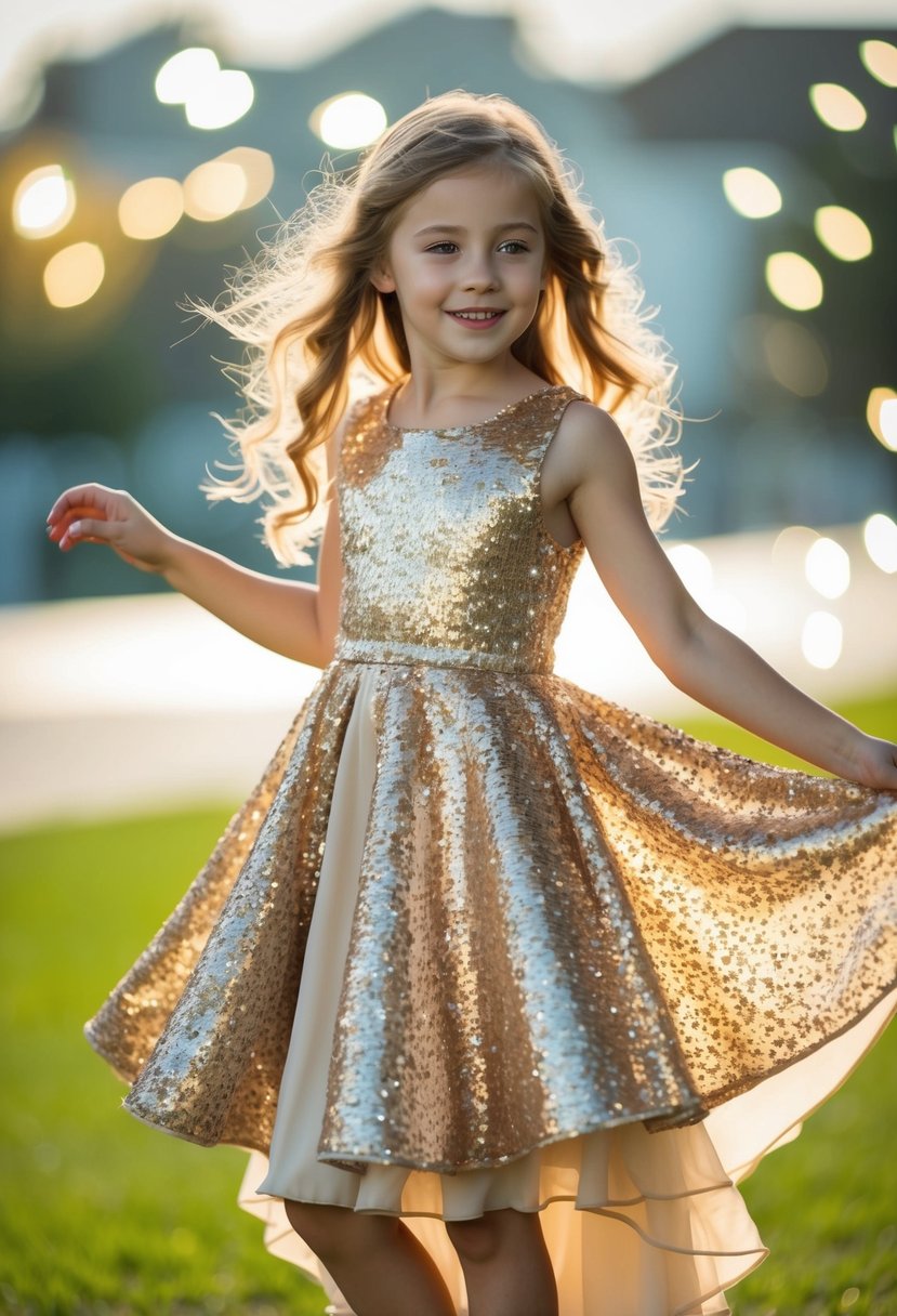 A young girl twirls in a sequined overlay dress, catching the light and shimmering with every movement