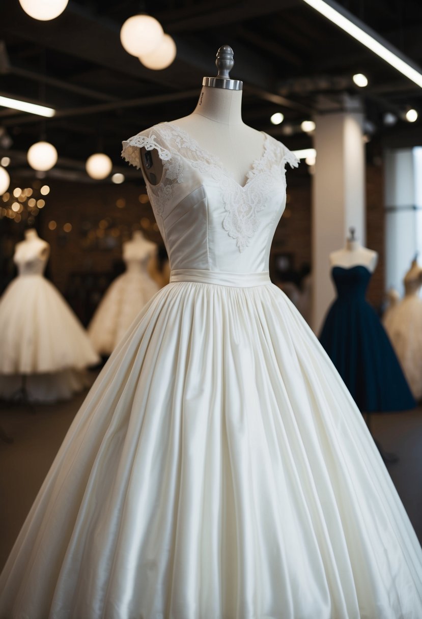 A 1950s wedding dress with a full skirt, fitted bodice, and lace details displayed on a mannequin