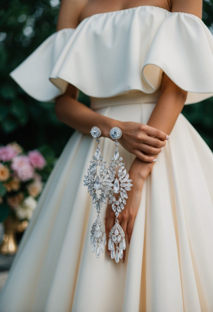 A pair of statement chandelier earrings dangle elegantly against the backdrop of a flowing off-the-shoulder wedding dress, exuding bold and glamorous vibes