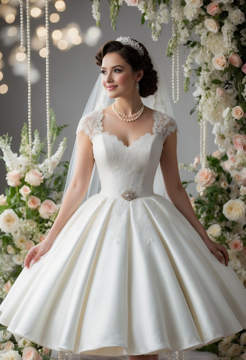 A bride in a tea length 50s wedding dress, surrounded by vintage elegance with lace, pearls, and delicate floral details