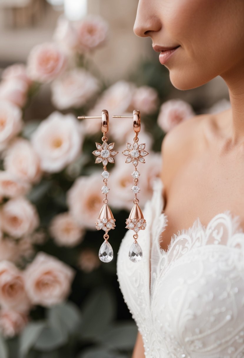 Rose gold drop earrings with crystal accents dangle from a delicate off-the-shoulder wedding dress