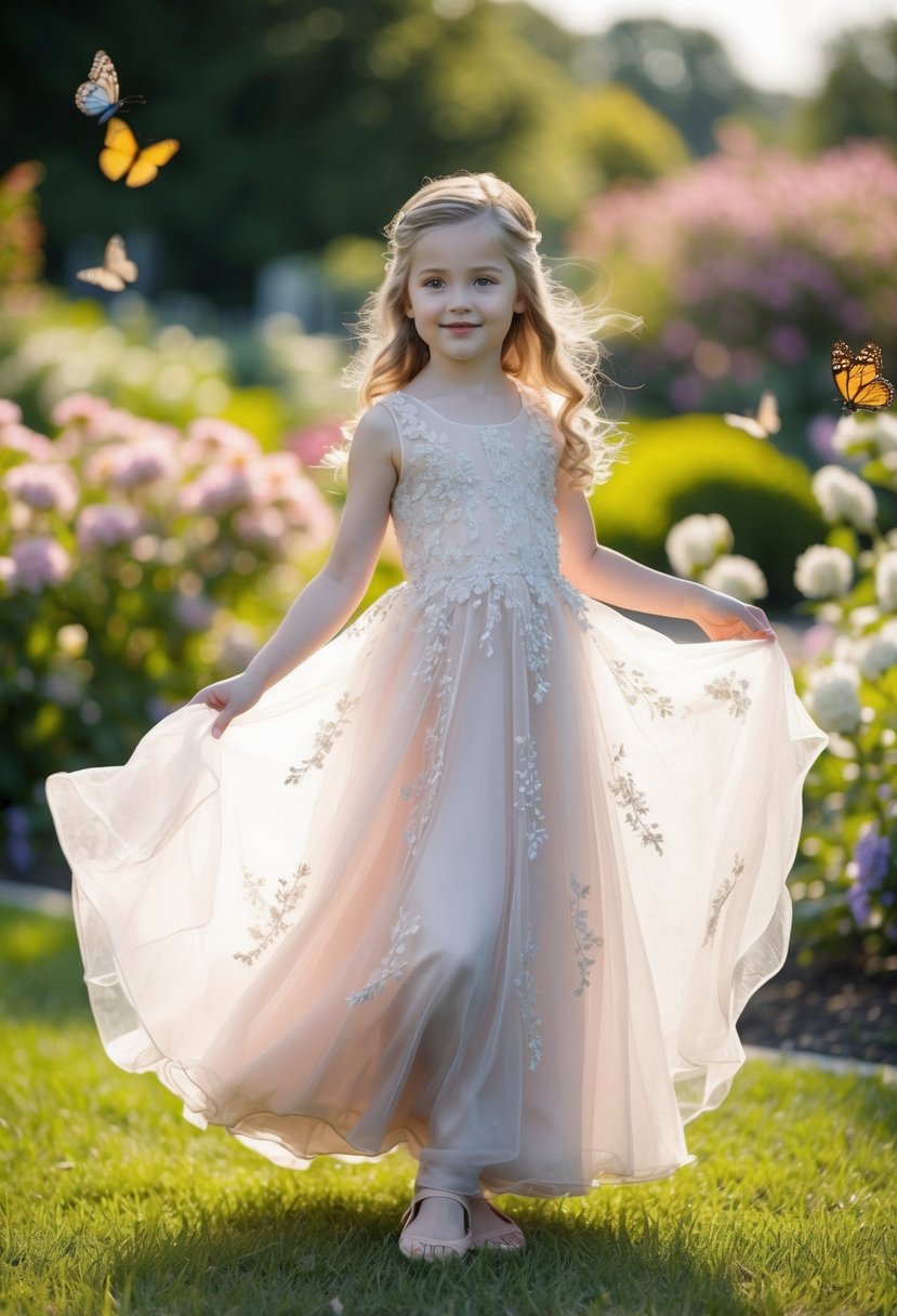 A young girl twirls in a flowing organza gown, delicate embroidery catching the light. She stands in a garden, surrounded by blooming flowers and fluttering butterflies