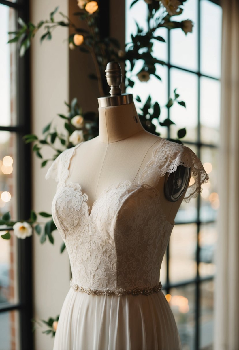 A lace bodice charm vintage 50s wedding dress displayed on a mannequin with soft lighting and delicate floral accents